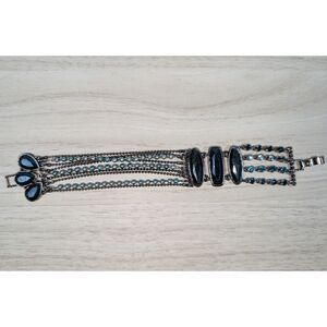 Multi Strand Blue Bead Bracelet Silver Tone Faceted Stone Statement